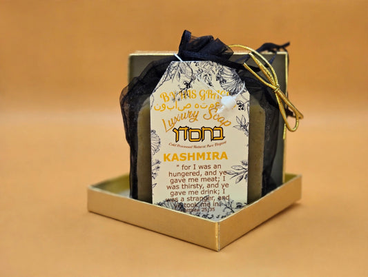 Kashmira Gold Extrait de Parfum Soap Bar on a gold background, main photo
